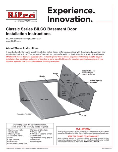 Classic Series Bilco Basement Door Installation Instructions Bilco Customer Service 800 854