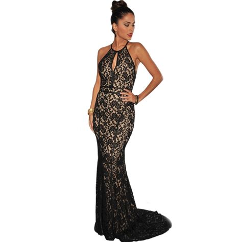 Black Lace Nude Illusion Open Back Evening Gown