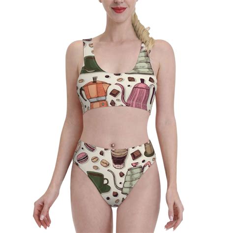 Bingfone Women S Bikini Sets Vintage Coffee Print High Waisted Two Pieces Swimsuits Large