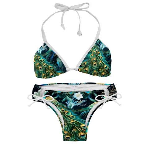 Peacock Detachable Sponge Adjustable Strap Bikini Set Two Pack Swimsuit Swimwear For Beach Pool