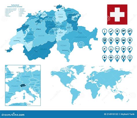 Switzerland Detailed Map And Flag Switzerland On World Map Vector