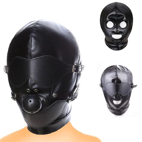 Sm Leather Padded Hood Blindfold Mouth Ball Gag Fetish Slave Bdsm Bondage Gimp Head Harness Sex