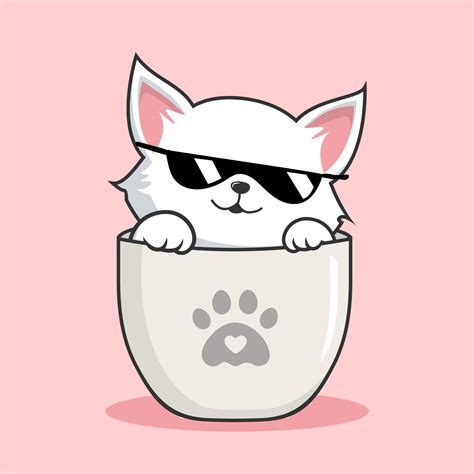 Cat In Mug Illustration With Sunglasses Cute White Pussy Cat In Cups Mug 20193099 Vector Art