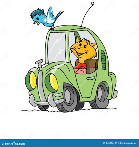 Yellow Cartoon Cat Driving A Green Retro Car Vector Stock Vector