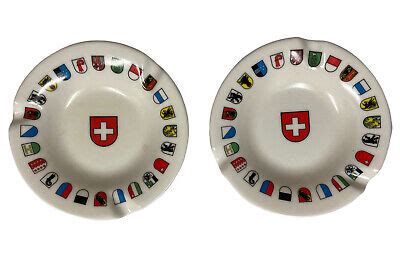 Vintage Ornamin Set 2 Switzerland Swiss Cantons Flags Ashtrays 25 Coat