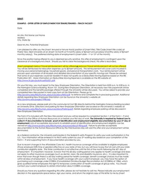 DRAFT EXAMPLE OFFER LETTER OF EMPLOYMENT FOR TENURE TENURED TRACK