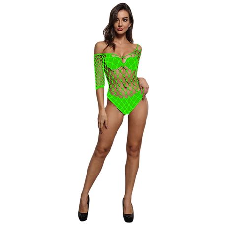 Midwennn Women Lingerie Long Sleeves Fishnet Bodysuit Sexy Mesh Teddy