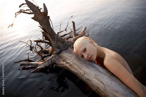 Nude Naked Sexy Woman In Water At Sunset Beautiful Blonde Woman With Short Wet Hair And Big