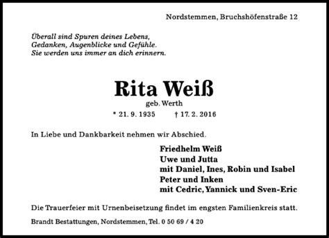 Traueranzeigen Von Rita Wei Trauerportal Hildesheimer Allgemeine Zeitung