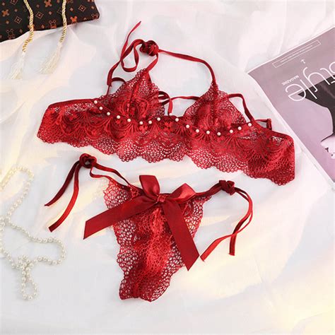 Jual Wanita Lingerie Sexy Renda Bra Cross Halter V Neck Transparan Lingerie Set G String B15