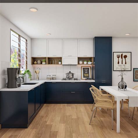 L-Shaped Open Kitchen Design With Blue And White Cabinets | Livspace