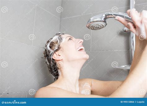 Woman In Shower Washing Hair With Shampoo Stock Photo Image Of Naked