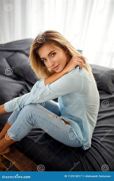 Natural Pretty Blonde Sitting On Bed Stock Image Image Of Caucasian Apartment