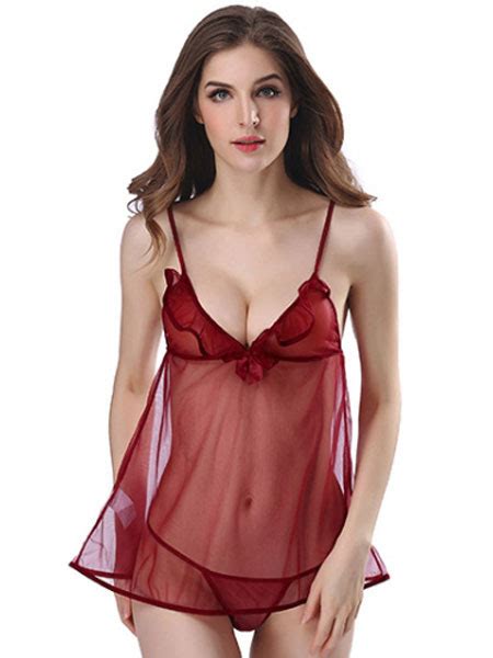 Sexy Lingerie Set Sheer Frill Bow Women S Purple Babydoll With T Back Milanoo