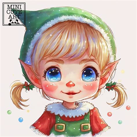 Cute Christmas Girl Elf  Watercolor Winter Elf  Elf Portrait