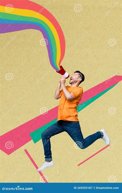 Colagem Fotocriativa Vertical De Jovem Descuidado Saltando Cara Desonrado E Alegre Desfile Gay