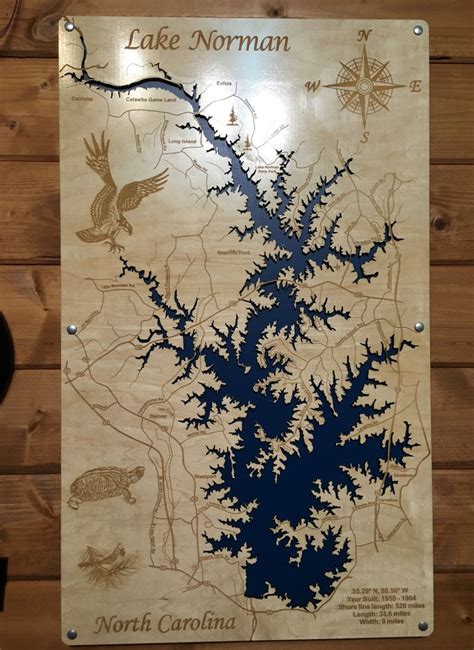 Lake Norman North Carolina Birch Wood Laser Engraved Map Etsy