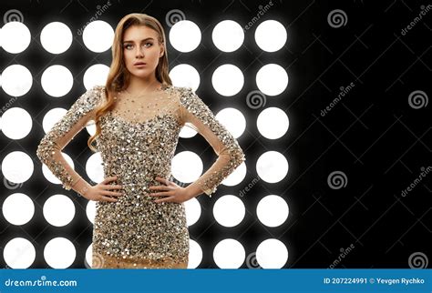 Beautiful Blonde Woman In Elegant Sequin Dress Stock Image Image Of Attractive Black