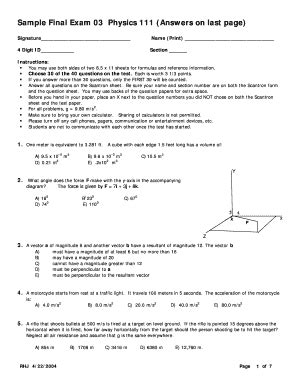 Fillable Online Web Njit Sample Final Exam 03 Physics 111 Answers On