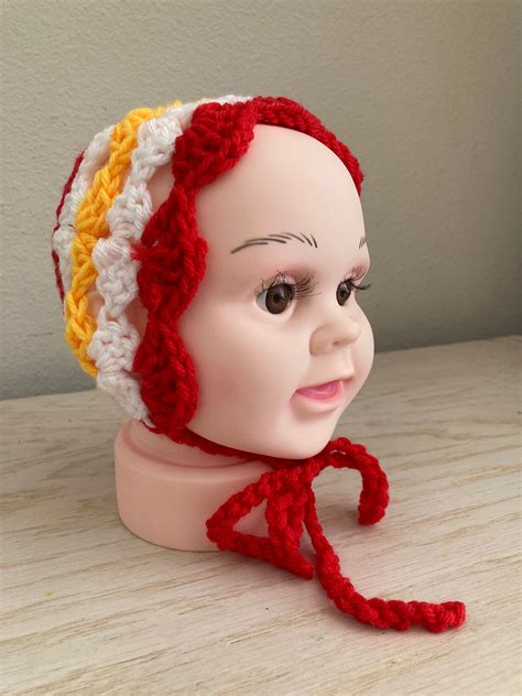 Baby Bonnet In Red And Gold Yarn Colors Of Kansas City Chiefs Football