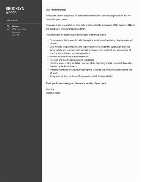 Hemodialysis Technician Cover Letter | Velvet Jobs