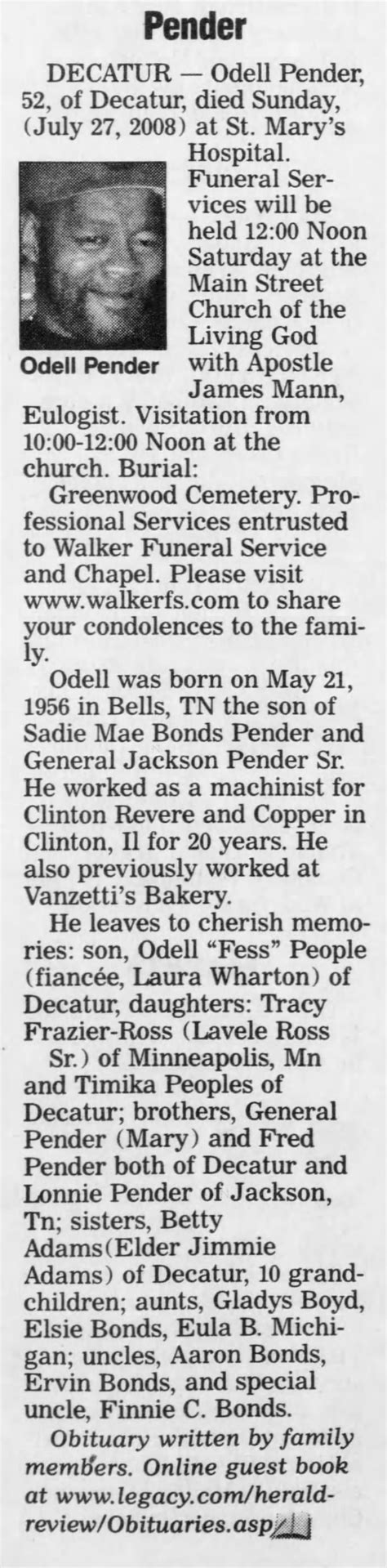 Obituary For Odell Pender 1956 2008 Aged 52