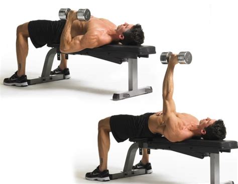 a man doing bench press with dumbbells on his chest and one lying down