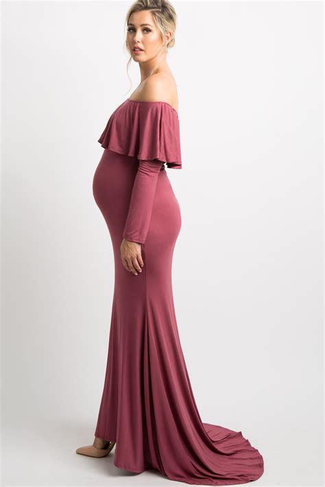 Pinkblush Dark Mauve Off Shoulder Ruffle Maternity Photoshoot Gown Dre