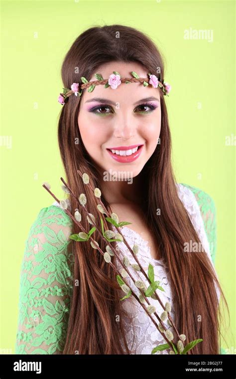 Beautiful Girl With Pussy Willow Buds On Green Background Stock Photo Alamy