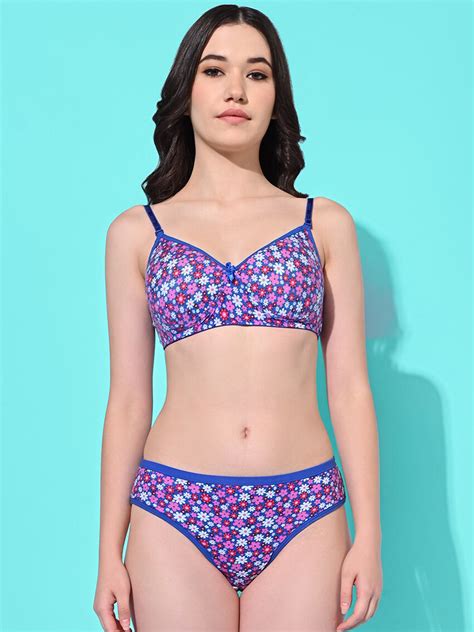 Buy FIMS Floral Printed Padded Lingerie Set Sarika Pad Set Blue B Lingerie Set For Women