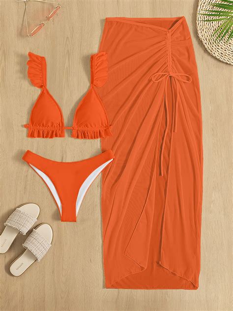 Conjunto De Bikini Unicolor Con Parte Superior Con Ribete De Volantes Bottom Descarada Y Falda