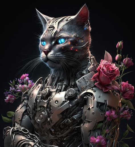 Premium AI Image Cyborg Robot Cat With Flowers Concept Of Future