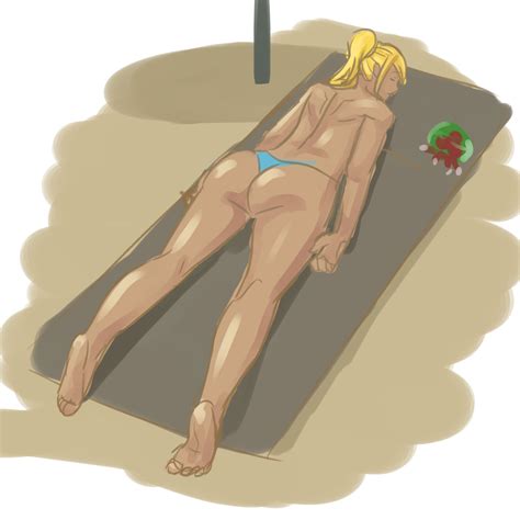 Rule 34 Ass Beach Bikini Metroid Nintendo On Stomach Samus Aran Sunbathing Swimsuit Thong