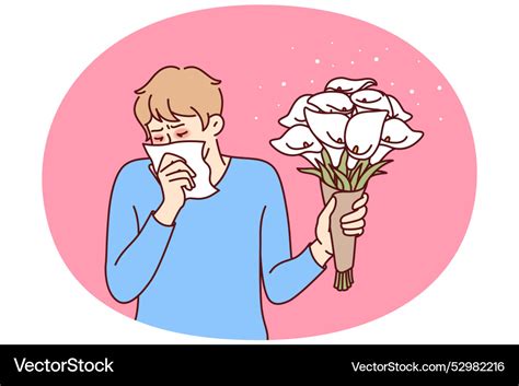 Allergic Man Holding Bouquet Flowers And Using Vector Image