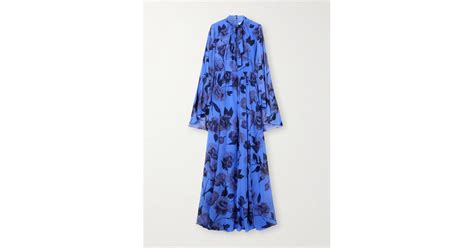 Erdem Pussy Bow Gathered Floral Print Silk Voile Gown In Blue Lyst