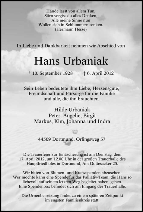 Traueranzeigen Von Hans Urbaniak Trauer In Nrw De