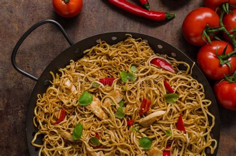 Wok Noodles With Chicken And Stewed Sweet Pepper Stock Image Image Of