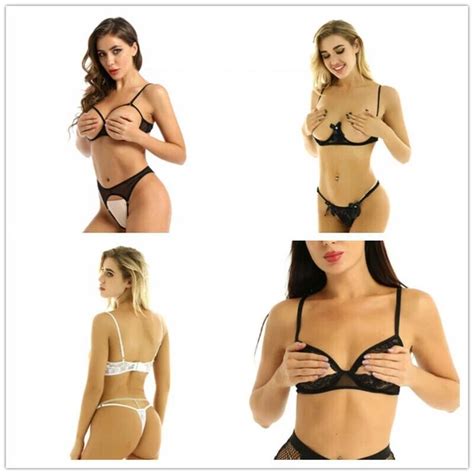 Womens Sexy Lingerie Set Open Cup Shelf Bra G String Briefs Crotchless Nightwear