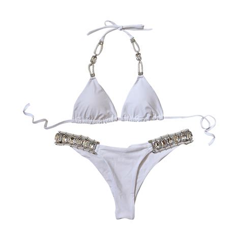 Seksowny Str J K Pielowy Damski Rhinest Crystal Stroje K Pielowe Zestaw Bikini Push Up Bia Y S