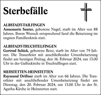 Traueranzeigen von Sterbefälle 16 02 2024 Schwarzwälder Bote Trauer