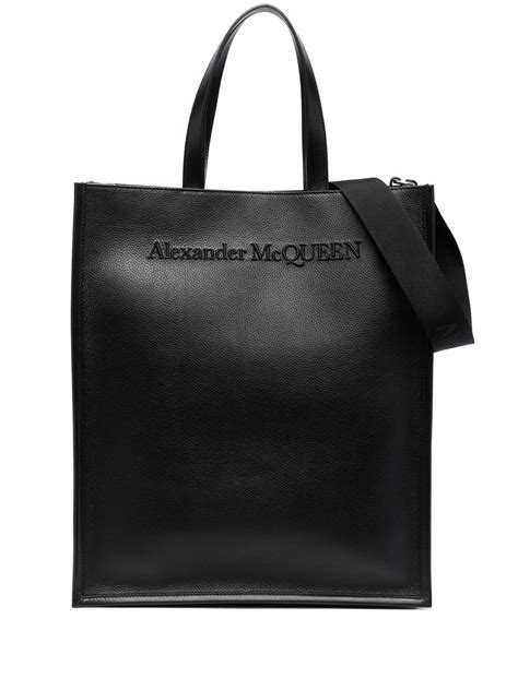 Alexander Mcqueen Embroidered Logo Leather Tote Black Editorialist