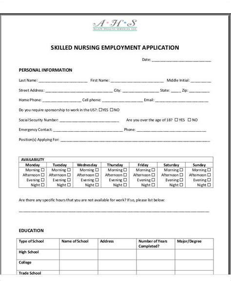 Nursing Employment Application Form Employment Form