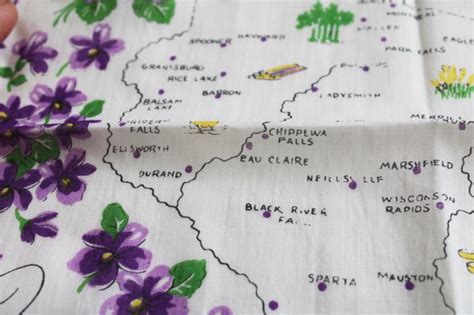 Vintage Printed Cotton Hanky Wisconsin Map Print Handkerchief State