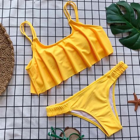 New Yellow Bather 2018 Bikini Ruffle Bikini Set Two Pieces Swimsuit