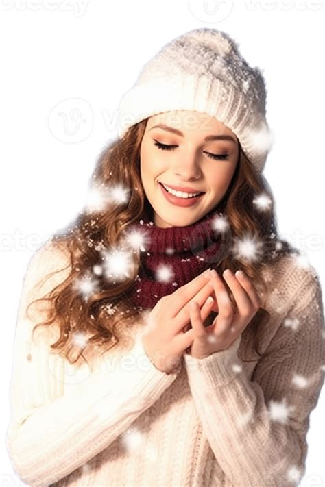 Young Woman Enjoys Snowfall at Winter Vacation, Smiling and Posing for