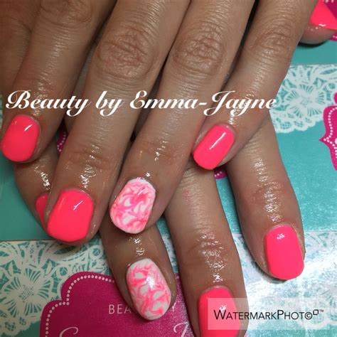 Gel Overlays Using Gelish Neon Pink And White With Marbel Effect On