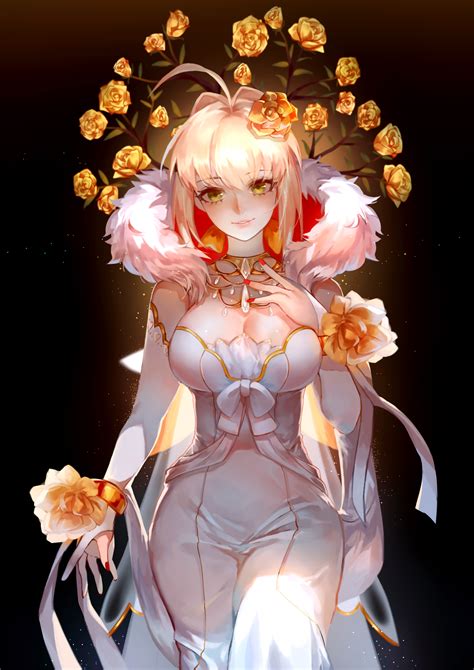 Fateextra Saber Extra Dress Cleavage Flowers Blonde Fate Series