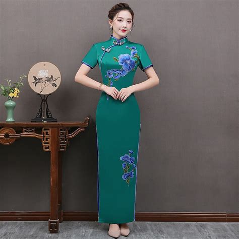 Vestido cheongsam tradicional chinês feminino sensual verde manga