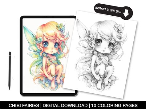 Cute Chibi Fairies Coloring Page For Adults Printable Kawaii Etsy Uk