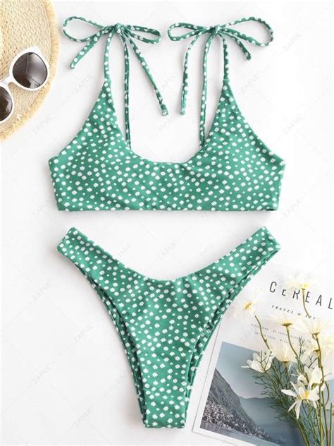 Off Zaful Ditsy Print Tie Shoulder High Leg Bikini Swimwear